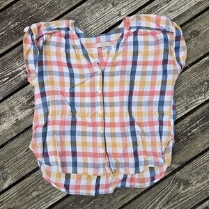 LOFT Colorful Plaid Short Sleeve Button-Up Top Women's Size XL